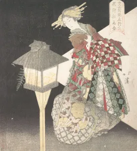 Kyosai Prints: Courtesan by a Lantern, Fire, from the series Five Elements for