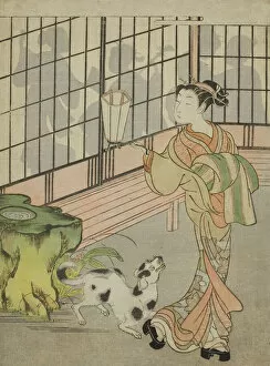 Looking Back Gallery: Courtesan Looking Back at Shadows on the Shoji, c. 1770. Creator: Isoda Koryusai