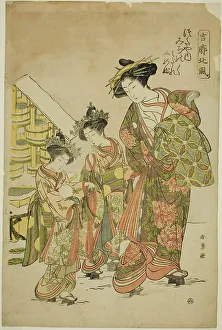 The Courtesan Michinoku of the Tsutaya House with her Kamuro Midare and Shinobu... c. 1774. Creator: Shunsho