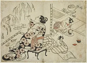 Courtesan Painting a Screen, from a series of 12 erotic prints, c. 1711
