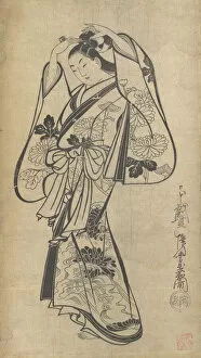 Woodblock Gallery: Courtesan Placing a Hairpin in Her Hair, ca. 1714., ca. 1714. Creator: Kaigetsudô Anchi
