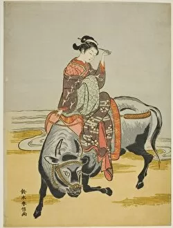 Oxen Collection: Courtesan Riding an Ox, c. 1766. Creator: Suzuki Harunobu