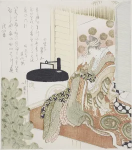 Courtesan sitting on a veranda next to a lantern, 1814. Creator: Totoya Hokkei Courtesan sitting on a veranda next to a lantern, 1814. Creator: Totoya Hokkei