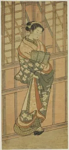Bars Prints: Courtesan Standing in Front of a Barred Window, c. 1765. Creator: Ishikawa Toyonobu