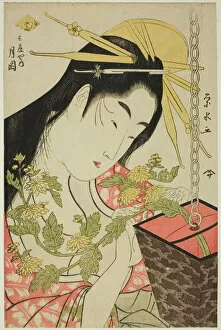 Flower Arrangement Gallery: The Courtesan Tsukioka of the Hyogoya, c. 1797. Creator: Ichirakutei Eisui