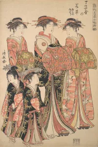 Kiyonaga Prints: The Courtesan Wakakusa of the Chojiya Brothel, and Attendants Asano and Midori, from t