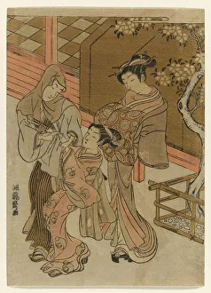 Struggle Prints: Courtesan Watching her Attendant Detain Hooded Man, c. 1772. Creator: Isoda Koryusai