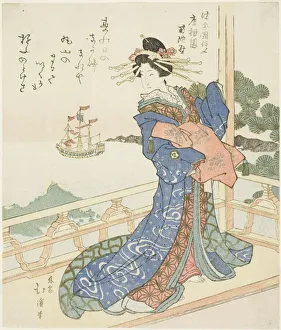 Westerners Prints: Courtesan watching foreign ship from balcony, c. 1818 / 44. Creator: Totoya Hokkei