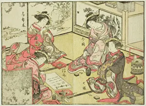 Courtesans of the Kadokaneya, from the book Mirror of Beautiful Women of the Pleasure... 1776. Creator: Shunsho. Courtesans of the Kadokaneya, from the book Mirror of Beautiful Women of the Pleasure... 1776. Creator: Shunsho
