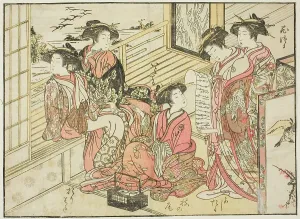 Courtesans of Okamoto, from the book Mirror of Beautiful Women of the Pleasure Quarters... 1776. Creator: Shunsho. Courtesans of Okamoto, from the book Mirror of Beautiful Women of the Pleasure Quarters... 1776. Creator: Shunsho