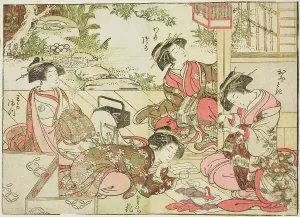 Courtesans of Otawaraya, from the book Mirror of Beautiful Women of the Pleasure Quarters... 1776. Creator: Shunsho. Courtesans of Otawaraya, from the book Mirror of Beautiful Women of the Pleasure Quarters... 1776. Creator: Shunsho