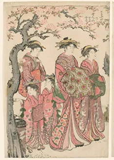 Cherry Trees Prints: The Courtesans Senzan, Yasono, and Yasoji of the Chojiya, 1785. Creator: Torii Kiyonaga