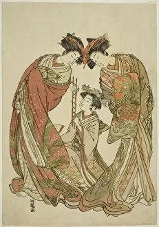 Looking Down Gallery: Two Courtesans Watching an Attendant Play with a Rat, c. 1777. Creator: Isoda Koryusai