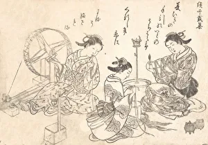 Benin Prints: Three Courtesans Weaving Silk. Creator: Nishikawa Sukenobu