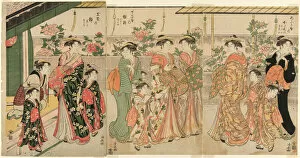 Courtesans of Yoshiwara and their attendants viewing the peonies on Nakanocho, c. 1787