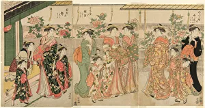 Courtesans Prints: Courtesans of Yoshiwara and their attendants viewing the peonies on Nakanocho, c. 1787