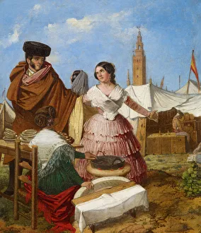 At The Market Collection: Courting at a Ring-Shaped Pastry Stall at the Seville Fair. Artist: Benjumea, Rafael (c. 1825-c)