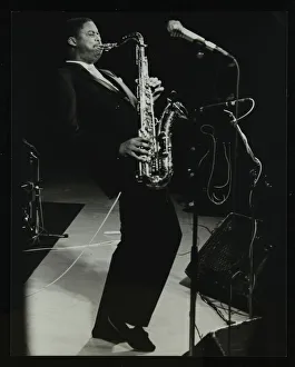Courtney Pine on stage at the Forum Theatre, Hatfield, Hertfordshire, 8 April 1987