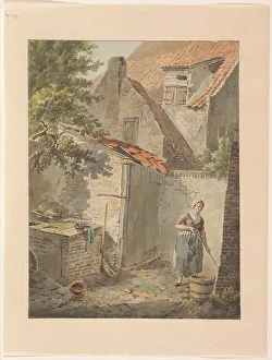Cleaning Prints: Courtyard with a maid who cleans, 1775-1840. Creator: Carel Lodewijk Hansen