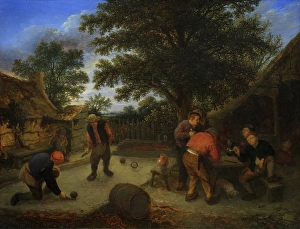 Ostade Adriaen Van Prints: Courtyard with Men Playing a Ball Game and Drinking and Smoking