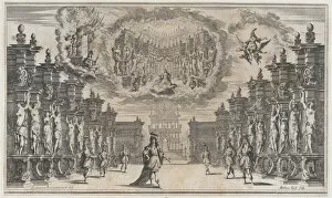 Courtyard of a palace with a man standing at center surrounded by attendants; above, a vis... 1668