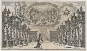 Kusel Mathaus Prints: Courtyard of a palace with a man standing at center surrounded by attendants; above