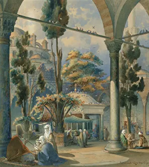 Bebek Gallery: Courtyard of the Sultan Bayezid Mosque in Constantinople. Artist: Preziosi, Amedeo (1816-1882)