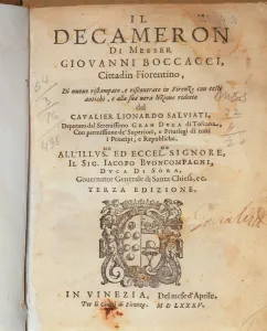 Library Of The University Gallery: Cover of the Deccameron by Giovanni Boccaccio, published in Venice, 1635