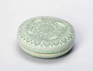 Goryeo Dynasty Gallery: Covered Cosmetic Box wih Petalled Rosette, Flying Cranes, Stylized Clouds, and Layered