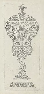 Ornate Collection: Covered Goblet, Pear shaped bidy on shaft og twisted tree-trunk with bear treed by dog, .n.d. n.d