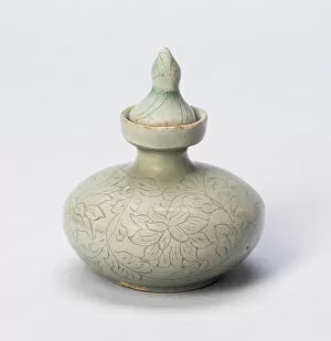 White Background Gallery: Covered Oil Bottle with Peony Sprays, Korean Peninsula, Goryeo dynasty (918-1392)