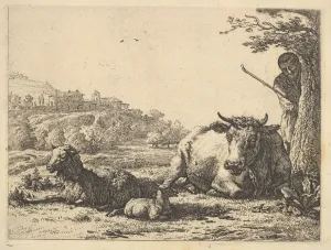 Cow, adult sheep, and young sheep lying in the grass; beyond Cow, adult sheep, and young sheep lying in the grass; beyond