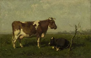 Calf Prints: A Cow with her Calf in a Meadow, 1879. Creator: Jan Vrolijk