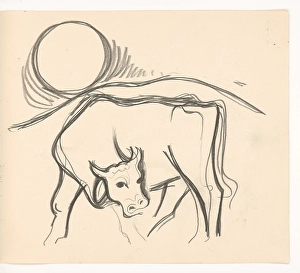 Distracted Prints: Cow in the countryside, 1937. Creator: Mikulas Galanda