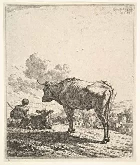 Cowherd with cow and calf on a hillside, the cowherd viewed from behind