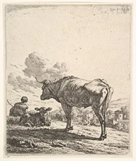 Cowherd with cow and calf on a hillside, the cowherd viewed from behind Cowherd with cow and calf on a hillside, the cowherd viewed from behind