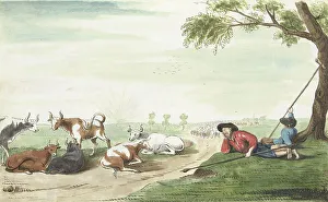 Geesie Ter Burch Prints: Two cowherds at sunrise or sunset, 1654. Creator: Gesina ter Borch