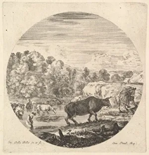Della Bella Prints: Two cows in center, followed by two peasant women and other cows in the river to le