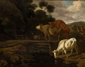 Niepolomice Museum Prints: Cows on a Footbridge, 2nd half of 17th century. Creator: Dirk van Bergen