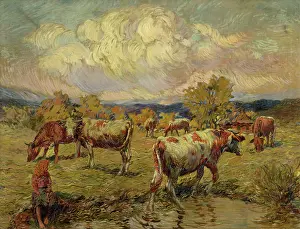 Pasture Prints: Cows Grazing, around 1923. Creator: Gustav Mally