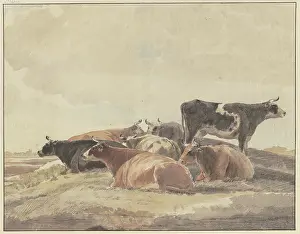 Andries Prints: Six cows lying down and one standing on a hill. Creator: Andries Vermeulen