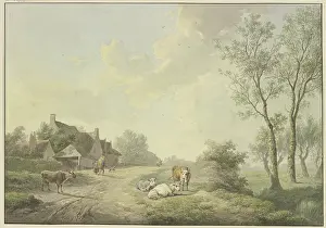Path Prints: Four cows by a path near farmhouses, 1803. Creator: Abraham Teerlink