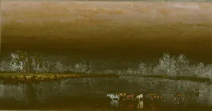 Watering Hole Prints: Cows in a Pond at Sunset, 1860. Creator: Sanford Robinson Gifford