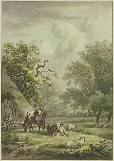 Two cows and three sheep are grazing by a hut. Creator: Jan Hulswit