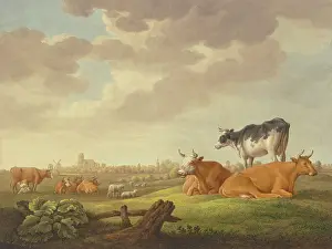 Albert Prints: Cows and sheep in a meadow, a town in the distance