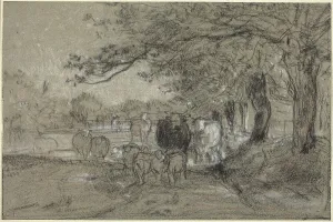 Cows and Sheep under Trees, c. 1850. Creator: Constant Troyon