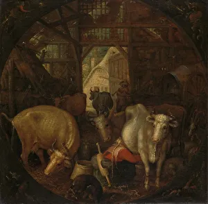 Open Door Prints: Cows in a Stable; Witches in the Four Corners, 1615. Creator: Roelandt Savery