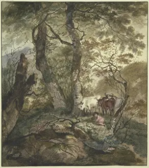 Farm Animal Prints: Three cows stand with a shepherd boy under a group of trees