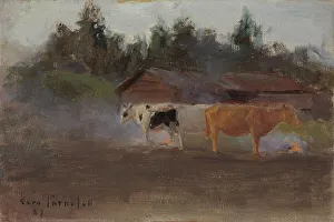 Turf Prints: Cows in Turf Smoke, study, 1887. Creator: Eero Jarnefelt