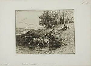 Jacque Charles Emile Prints: Cows at the Watering Place, 1850. Creator: Charles Emile Jacque